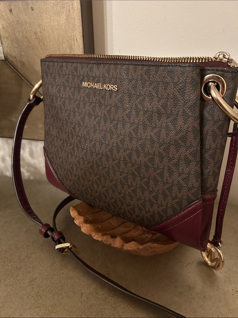 Michael Kors Brown Monogram Crossbody with Wine Trim